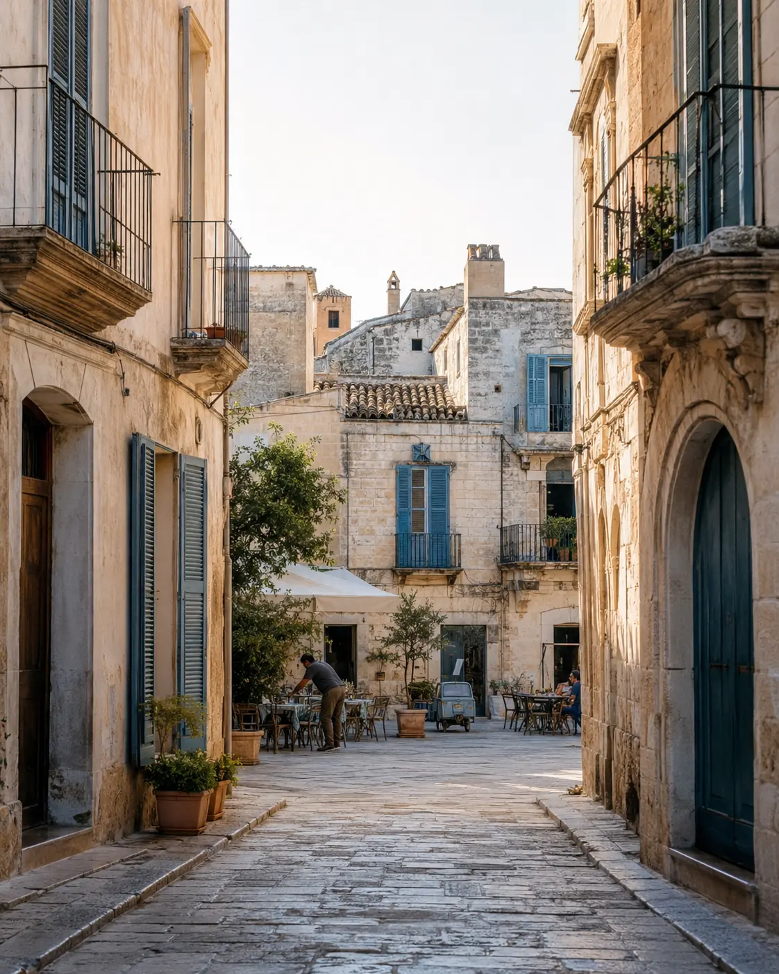 A quiet European street leading into a sunlit café square