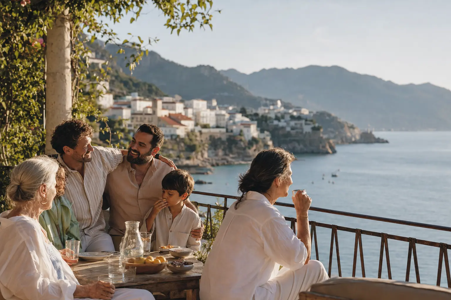 A multigenerational family sharing a meal on a Mediterranean terrace
